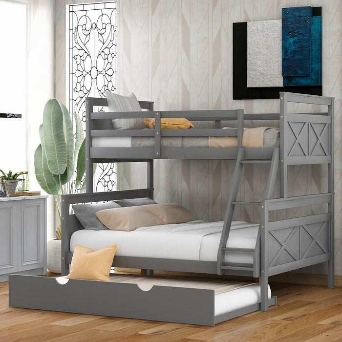 Twin over Full Bunk Bed with Ladder, Twin Size Trundle, Safety Guardrail, Gray（New）